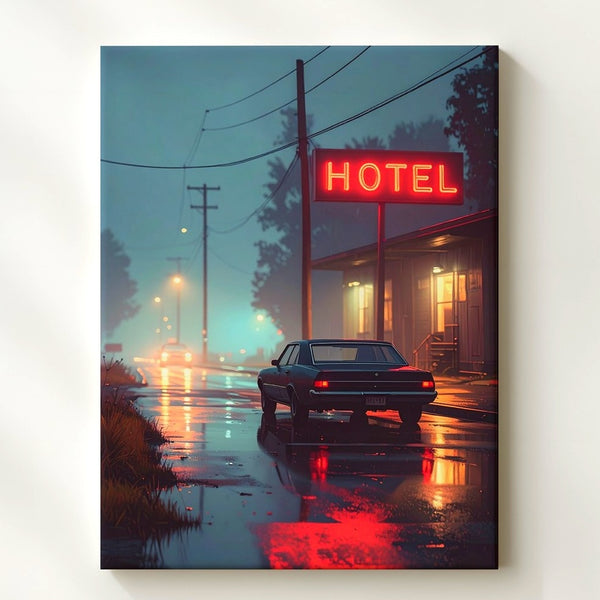 Noir Motel Night Canvas – Classic Sedan & Neon Roadside Scene - Gifitto