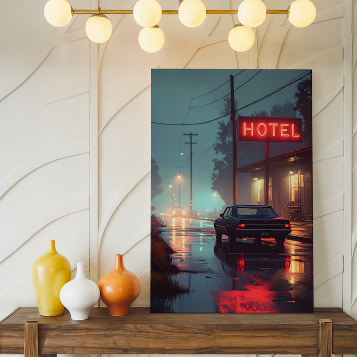 Noir Motel Night Canvas – Classic Sedan & Neon Roadside Scene - Gifitto