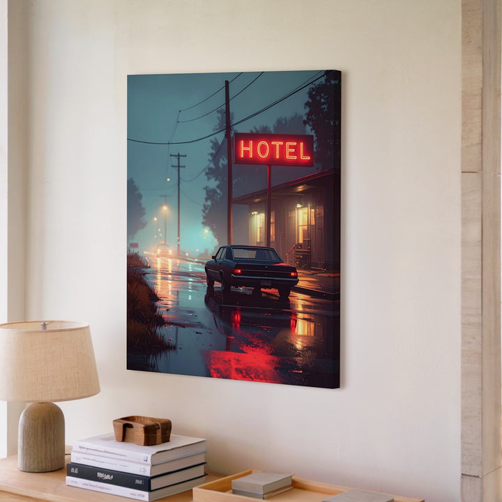 Noir Motel Night Canvas – Classic Sedan & Neon Roadside Scene - Gifitto