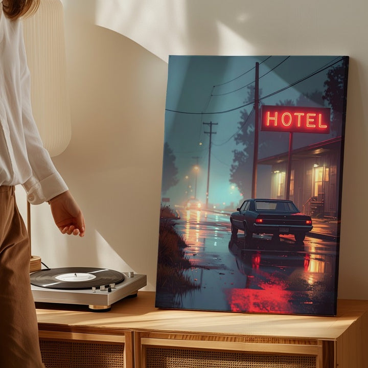 Noir Motel Night Canvas – Classic Sedan & Neon Roadside Scene - Gifitto