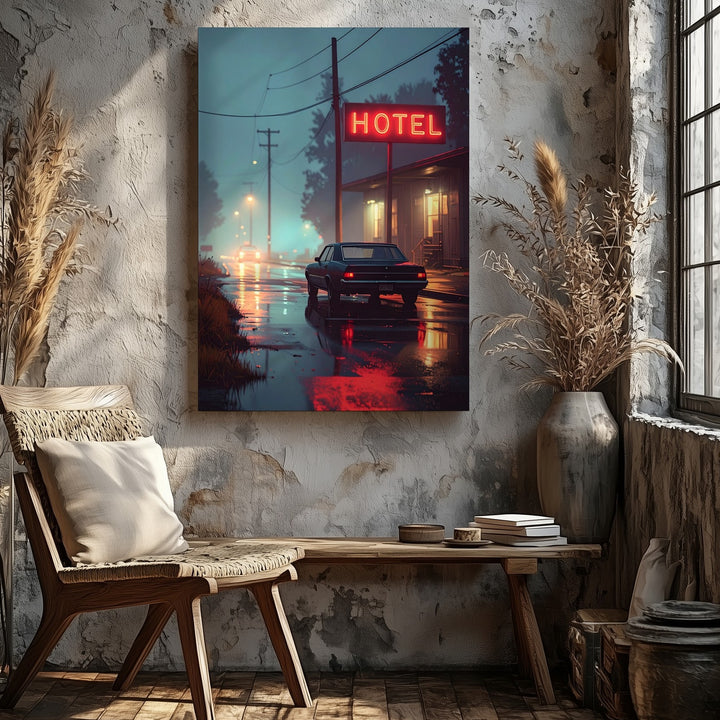 Noir Motel Night Canvas – Classic Sedan & Neon Roadside Scene - Gifitto