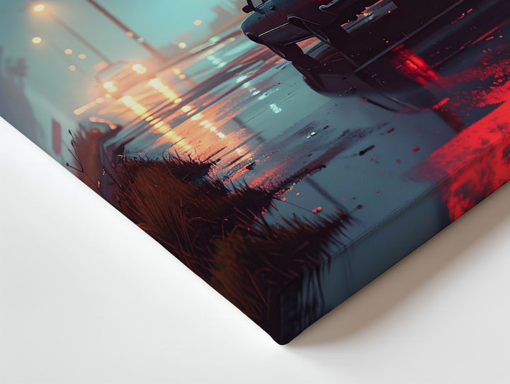 Noir Motel Night Canvas – Classic Sedan & Neon Roadside Scene - Gifitto