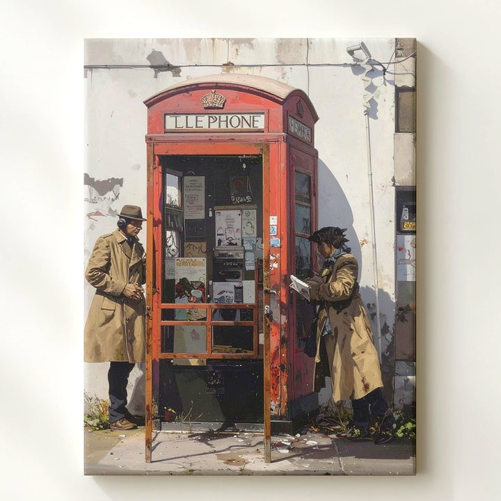 Street Art Surveillance Mural Canvas – Trench Coat Figures & British Phone Booth - Gifitto
