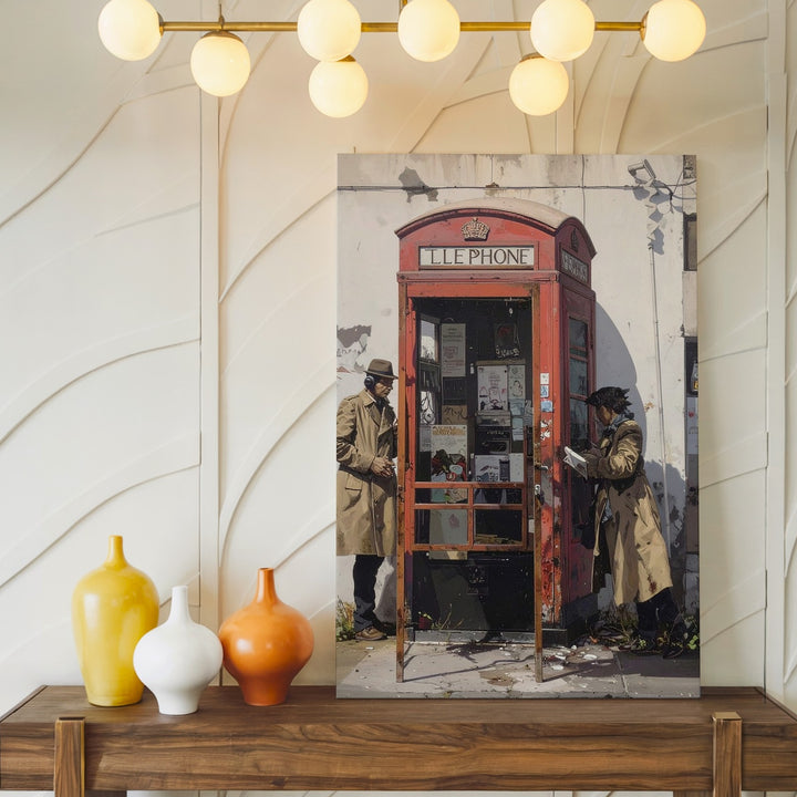 Street Art Surveillance Mural Canvas – Trench Coat Figures & British Phone Booth - Gifitto