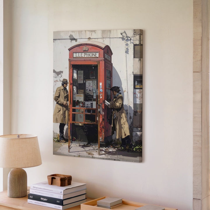 Street Art Surveillance Mural Canvas – Trench Coat Figures & British Phone Booth - Gifitto