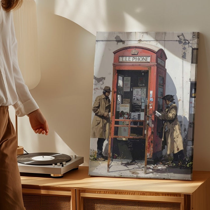 Street Art Surveillance Mural Canvas – Trench Coat Figures & British Phone Booth - Gifitto