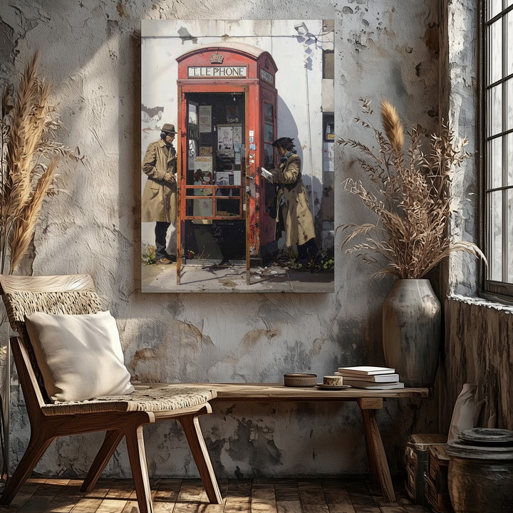 Street Art Surveillance Mural Canvas – Trench Coat Figures & British Phone Booth - Gifitto
