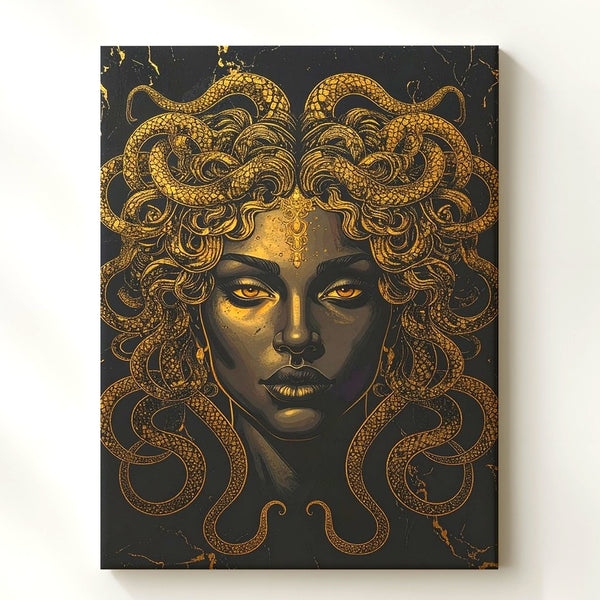Golden Medusa Canvas – Luxurious Mythical Wall Art on Black Marble - Gifitto