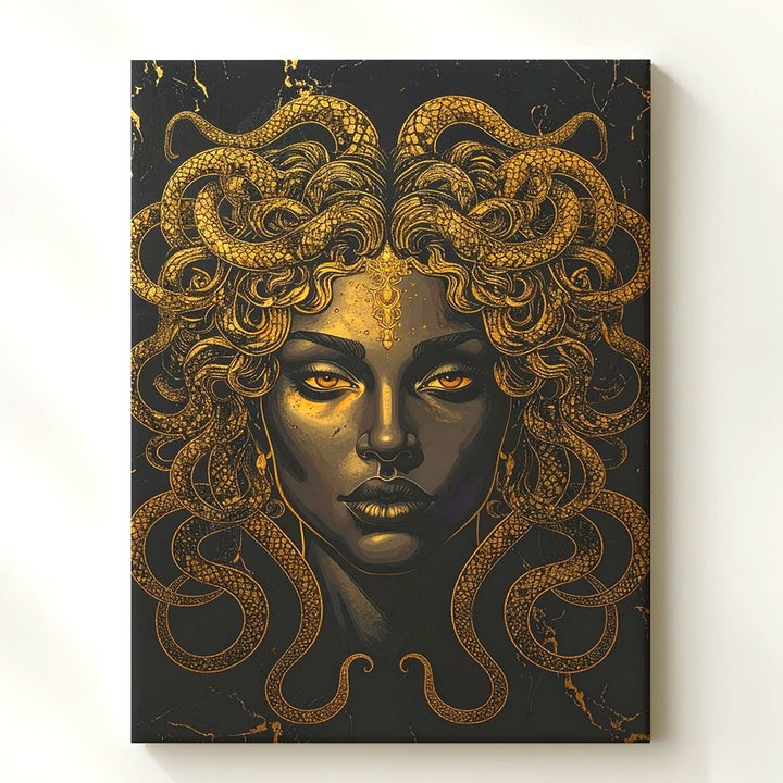 Golden Medusa Canvas – Luxurious Mythical Wall Art on Black Marble - Gifitto