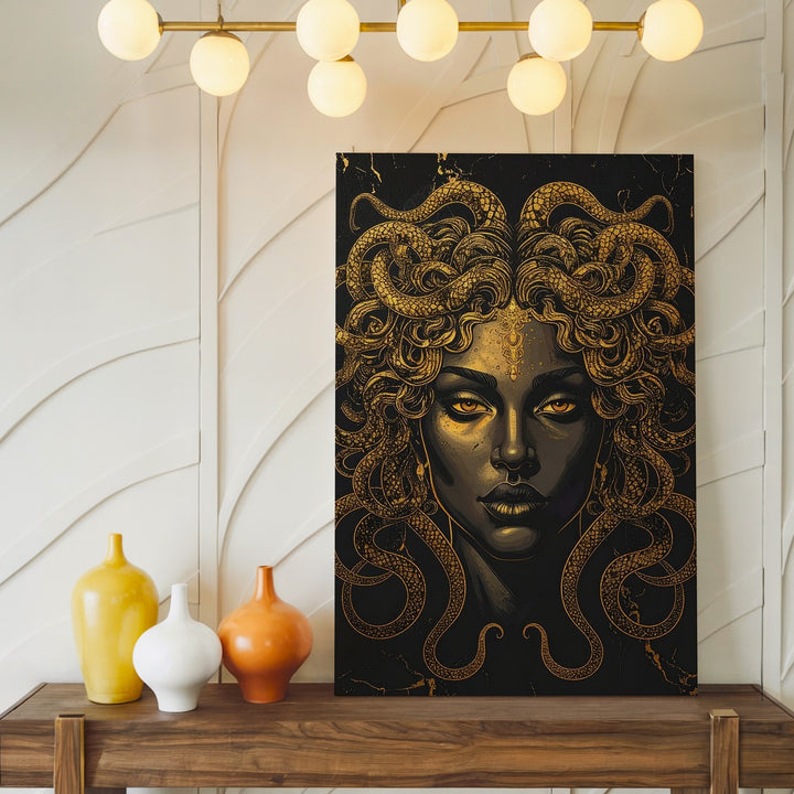 Golden Medusa Canvas – Luxurious Mythical Wall Art on Black Marble - Gifitto