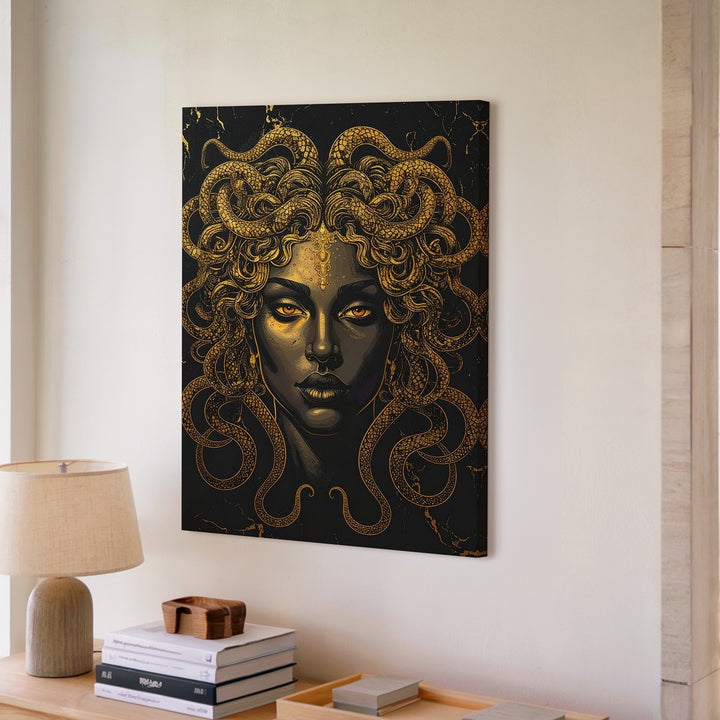 Golden Medusa Canvas – Luxurious Mythical Wall Art on Black Marble - Gifitto