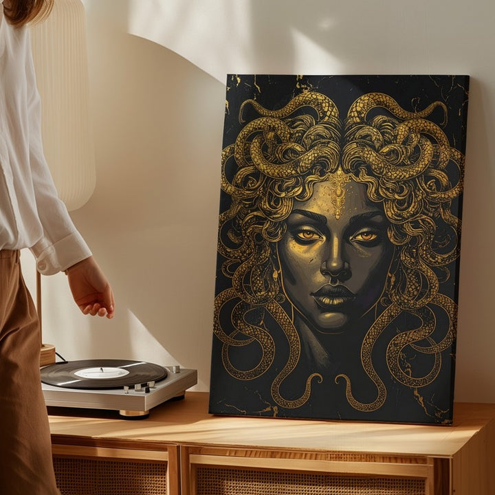 Golden Medusa Canvas – Luxurious Mythical Wall Art on Black Marble - Gifitto