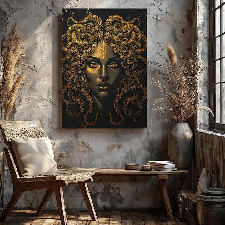 Golden Medusa Canvas – Luxurious Mythical Wall Art on Black Marble - Gifitto