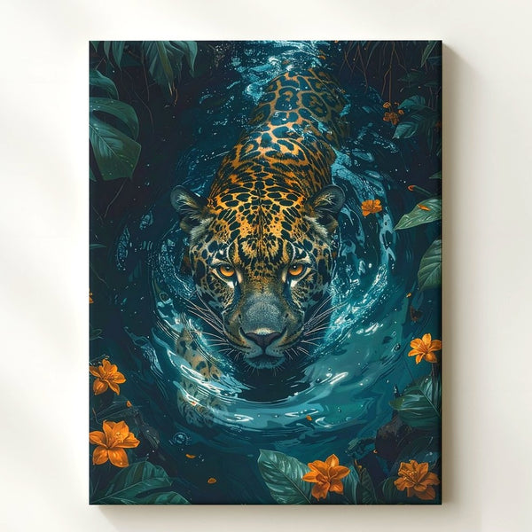 Leopard in Jungle River Canvas – Hyper-Realistic Wildlife Wall Art - Gifitto