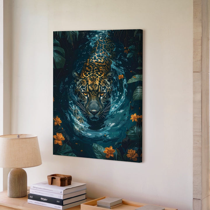 Leopard in Jungle River Canvas – Hyper-Realistic Wildlife Wall Art - Gifitto