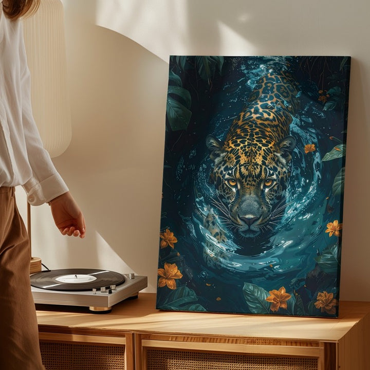 Leopard in Jungle River Canvas – Hyper-Realistic Wildlife Wall Art - Gifitto