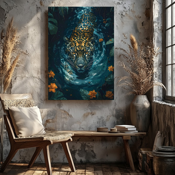 Leopard in Jungle River Canvas – Hyper-Realistic Wildlife Wall Art - Gifitto