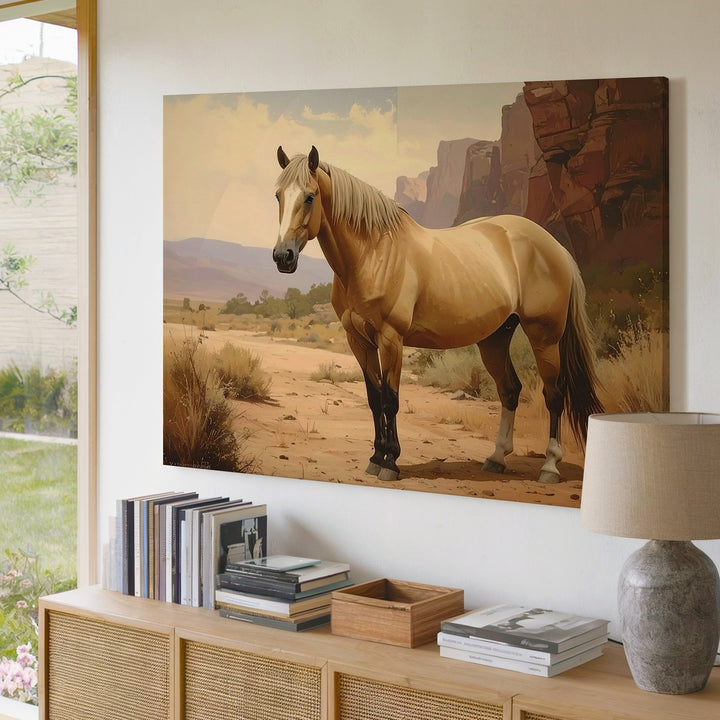 Desert Sentinel Canvas – Realistic Tan Horse in Western Landscape - Gifitto