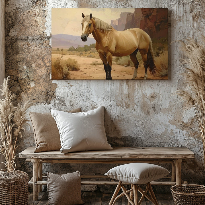 Desert Sentinel Canvas – Realistic Tan Horse in Western Landscape - Gifitto