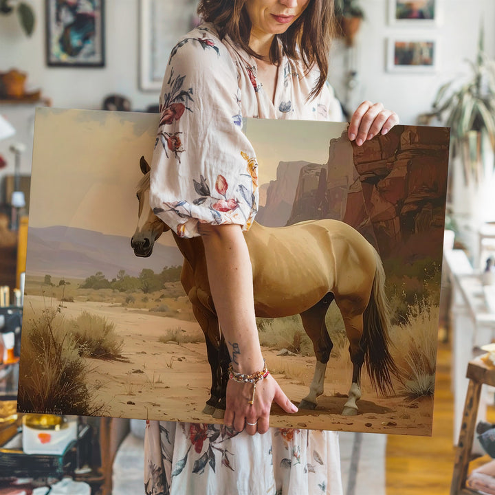 Desert Sentinel Canvas – Realistic Tan Horse in Western Landscape - Gifitto