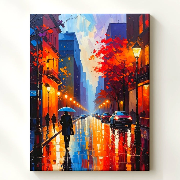 Rainy Evening City Street Canvas – Vibrant Impressionistic Urban Scene - Gifitto