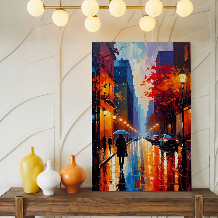 Rainy Evening City Street Canvas – Vibrant Impressionistic Urban Scene - Gifitto