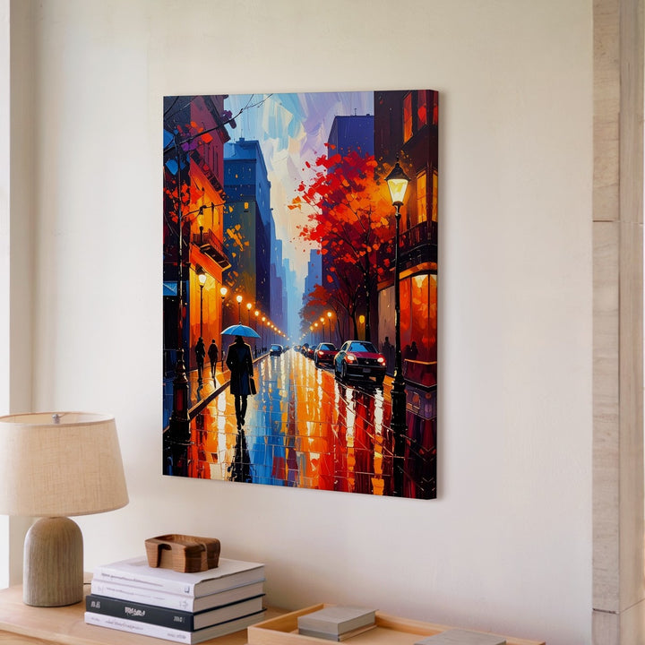 Rainy Evening City Street Canvas – Vibrant Impressionistic Urban Scene - Gifitto