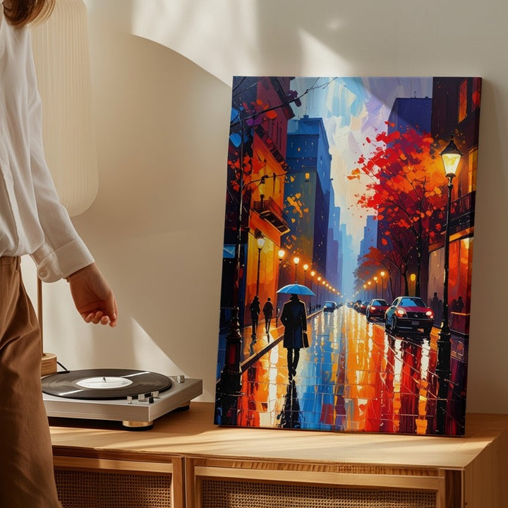 Rainy Evening City Street Canvas – Vibrant Impressionistic Urban Scene - Gifitto