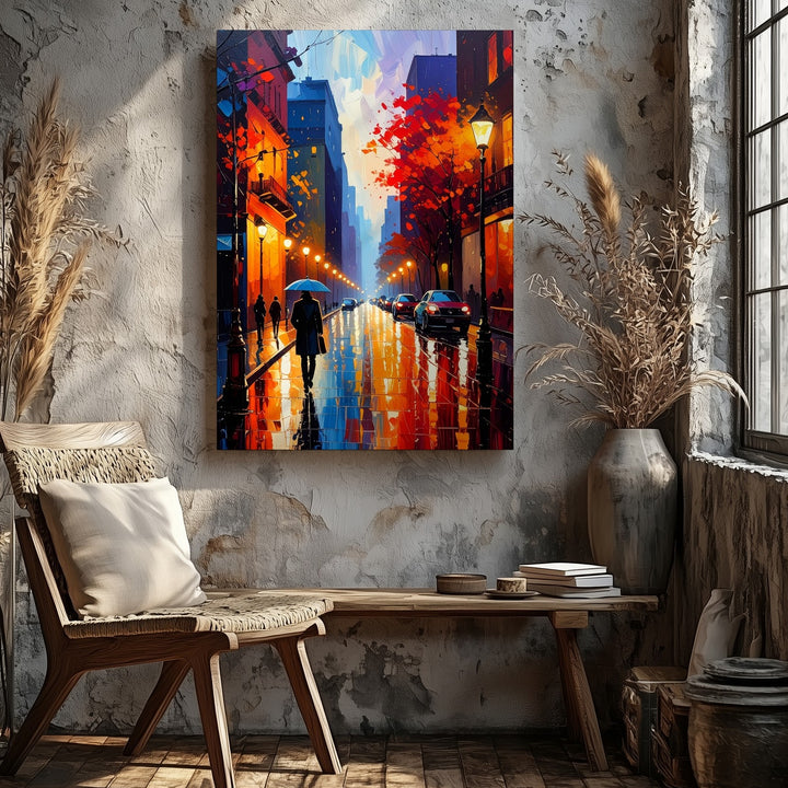 Rainy Evening City Street Canvas – Vibrant Impressionistic Urban Scene - Gifitto