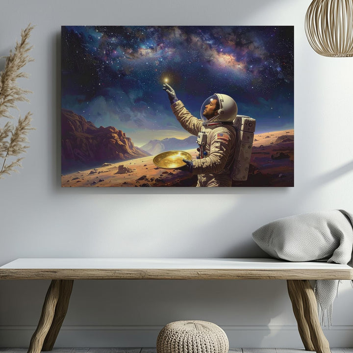 Solitary Astronaut Canvas – Beige Spacesuit on Alien Terrain Under Starlit Sky - Gifitto