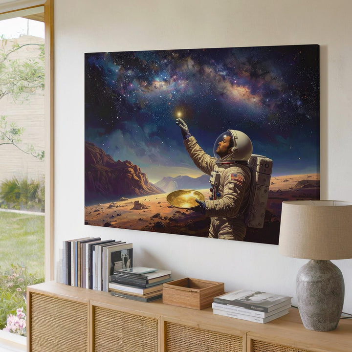 Solitary Astronaut Canvas – Beige Spacesuit on Alien Terrain Under Starlit Sky - Gifitto