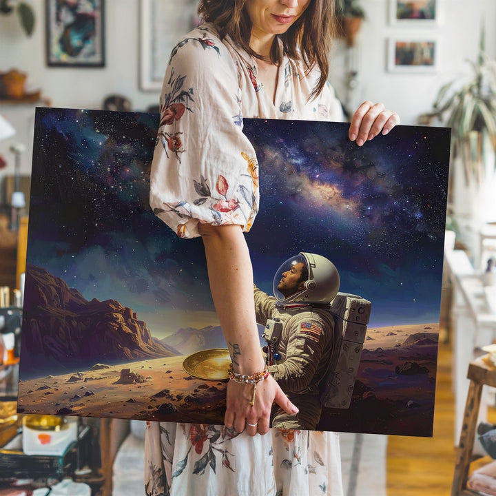 Solitary Astronaut Canvas – Beige Spacesuit on Alien Terrain Under Starlit Sky - Gifitto