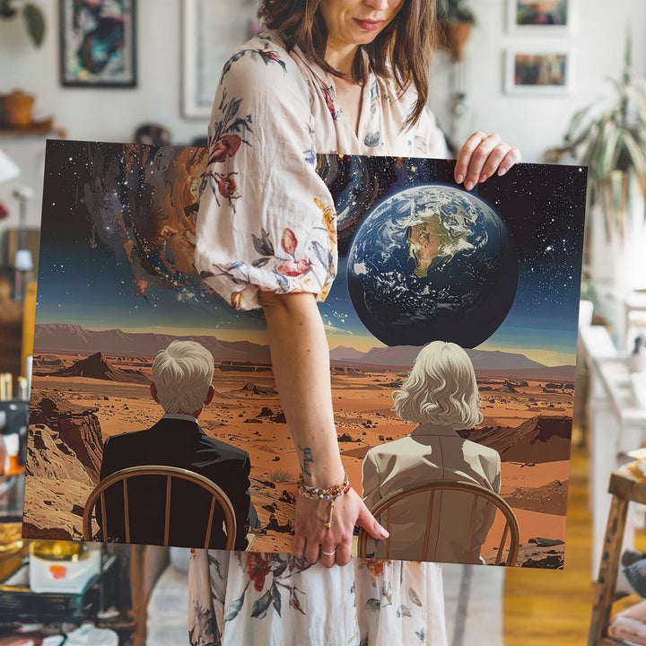 Cosmic Contemplation Canvas – Surreal Stargazing Landscape Art - Gifitto