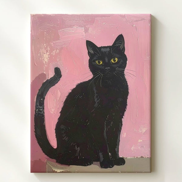 Minimal Black Cat on Pink Canvas – Playful Modern Feline Wall Art - Gifitto