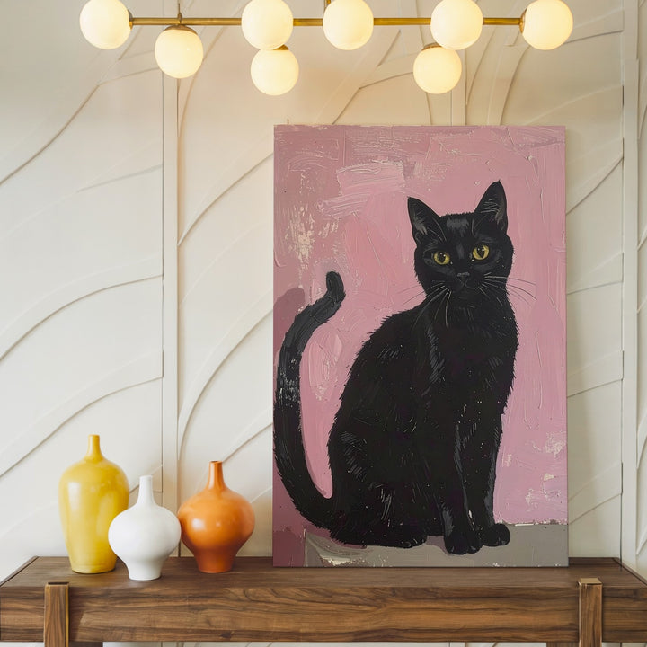 Minimal Black Cat on Pink Canvas – Playful Modern Feline Wall Art - Gifitto