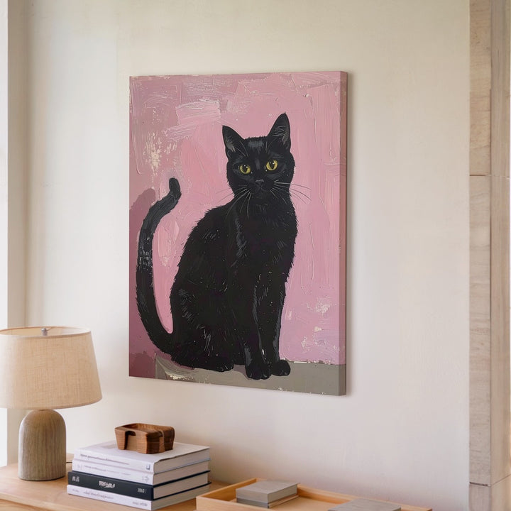 Minimal Black Cat on Pink Canvas – Playful Modern Feline Wall Art - Gifitto