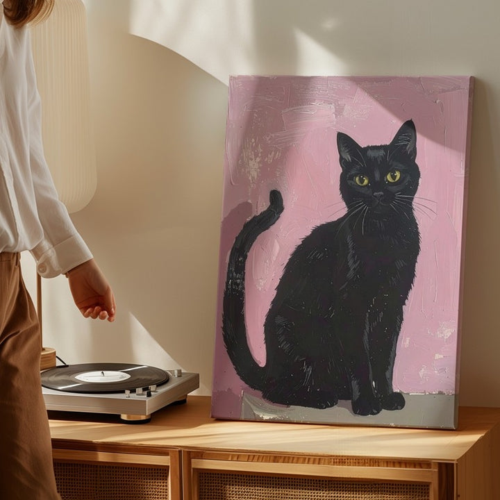 Minimal Black Cat on Pink Canvas – Playful Modern Feline Wall Art - Gifitto