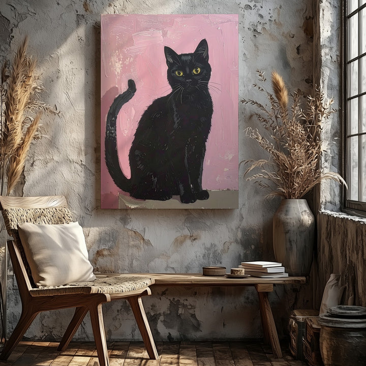 Minimal Black Cat on Pink Canvas – Playful Modern Feline Wall Art - Gifitto