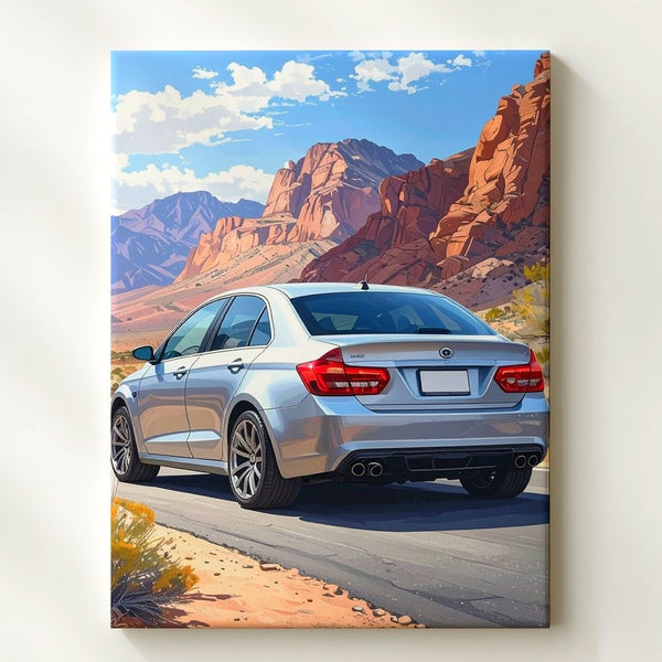 Desert Drive Mercedes Canvas – Silver Sedan in Scenic Canyon Setting - Gifitto