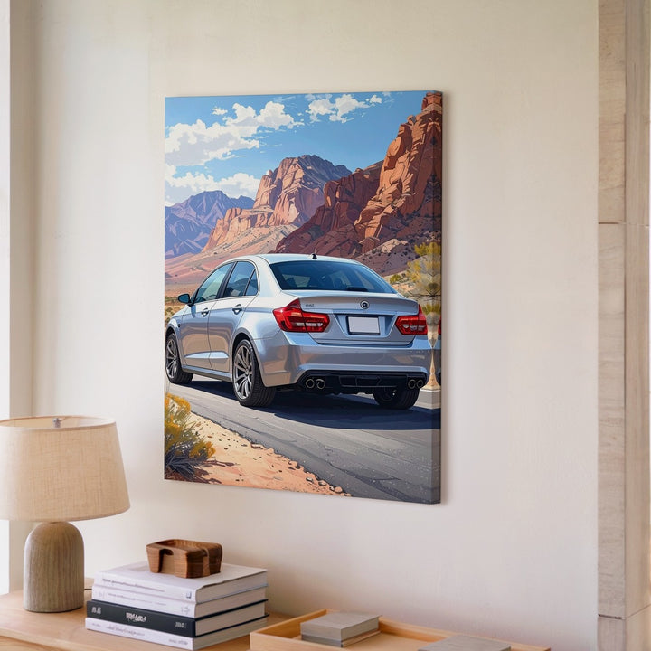 Desert Drive Mercedes Canvas – Silver Sedan in Scenic Canyon Setting - Gifitto
