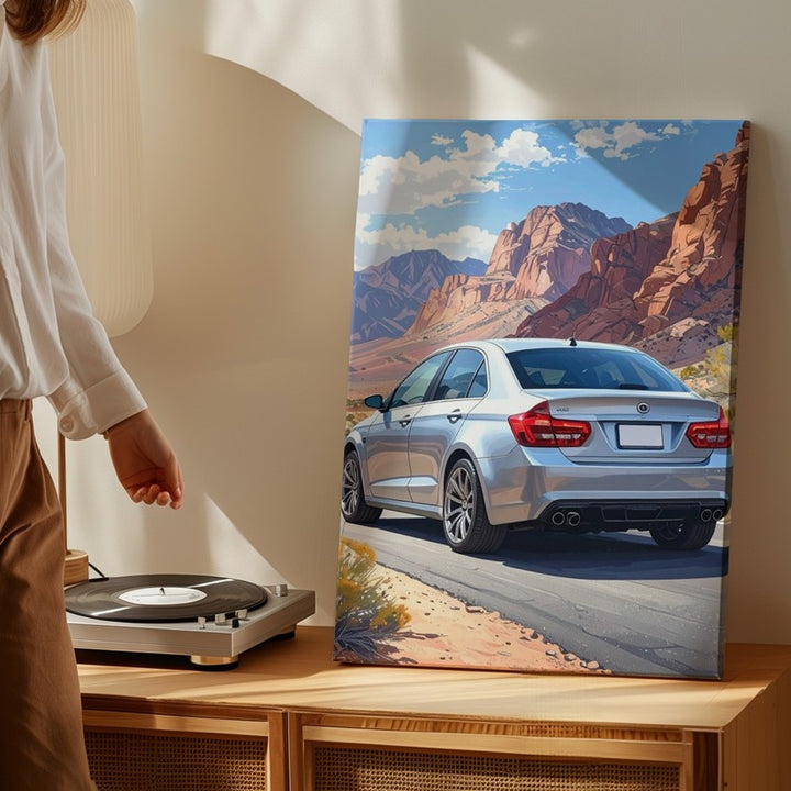 Desert Drive Mercedes Canvas – Silver Sedan in Scenic Canyon Setting - Gifitto