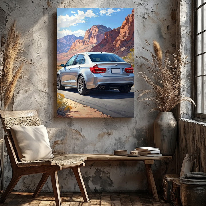 Desert Drive Mercedes Canvas – Silver Sedan in Scenic Canyon Setting - Gifitto