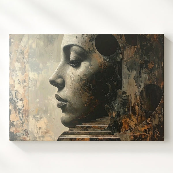 Abstract Masked Face Canvas – Surreal Stone Face and Architectural Wall Art - Gifitto