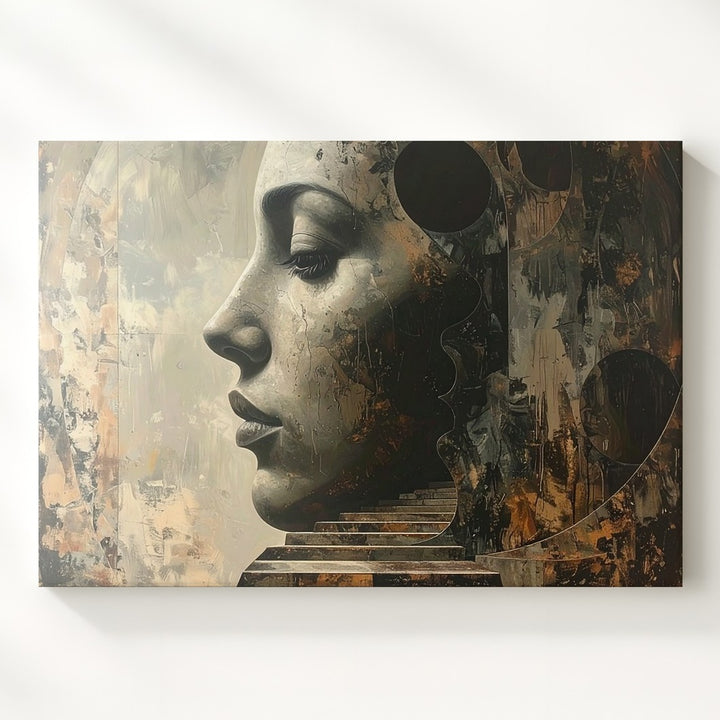 Abstract Masked Face Canvas – Surreal Stone Face and Architectural Wall Art - Gifitto