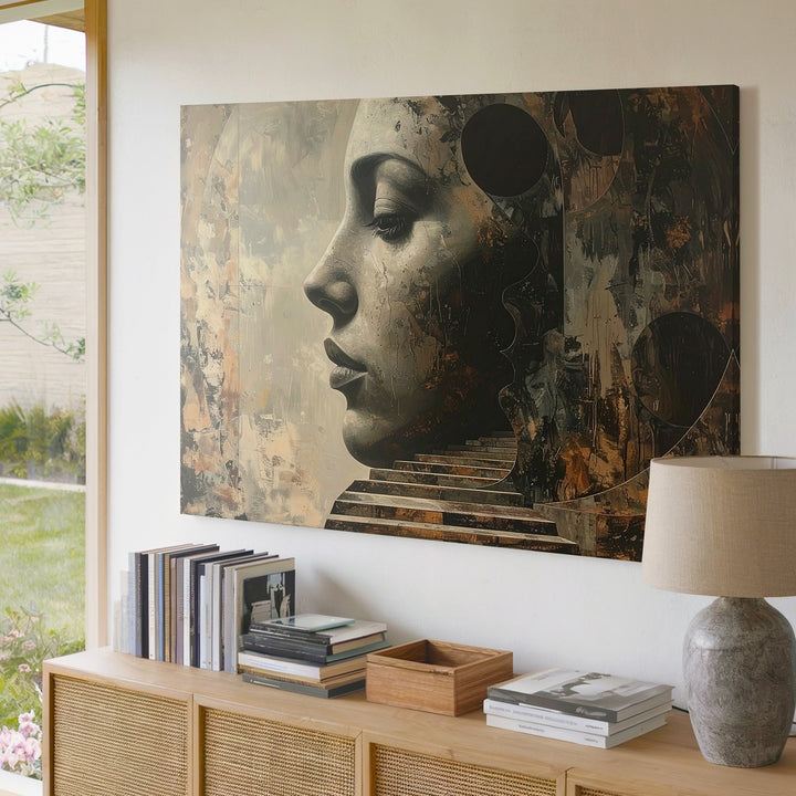 Abstract Masked Face Canvas – Surreal Stone Face and Architectural Wall Art - Gifitto