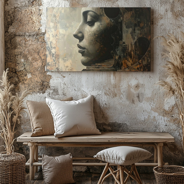 Abstract Masked Face Canvas – Surreal Stone Face and Architectural Wall Art - Gifitto