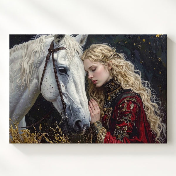 Medieval Bond Canvas – Fantasy Woman & White Horse in Ethereal Glow - Gifitto