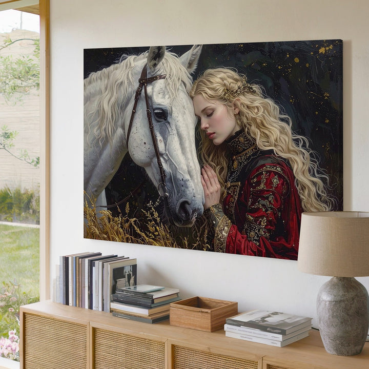 Medieval Bond Canvas – Fantasy Woman & White Horse in Ethereal Glow - Gifitto