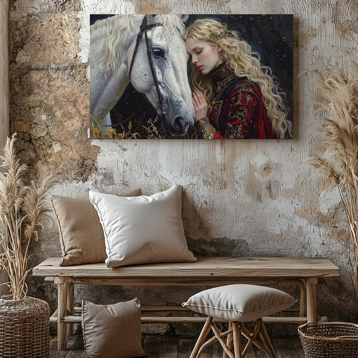 Medieval Bond Canvas – Fantasy Woman & White Horse in Ethereal Glow - Gifitto