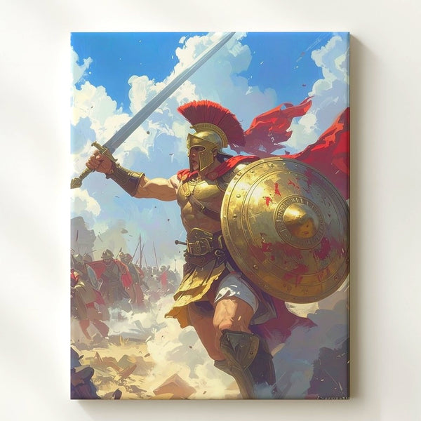 Battleborn Greek Warrior Canvas – Epic Low-Angle Hero in Combat - Gifitto